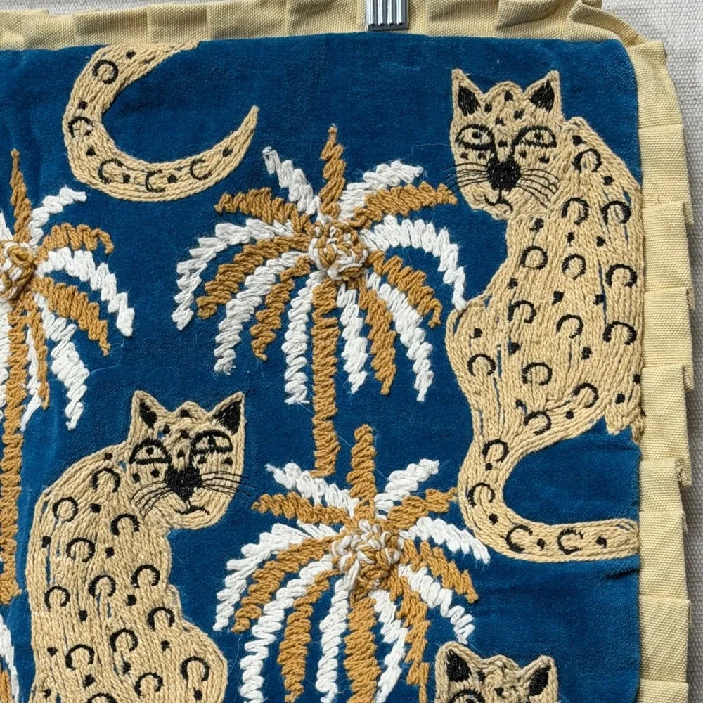 Leopard Palm Tree Pillow Covers Pair Blue Velvet Embroidered Maximalist 12x20
